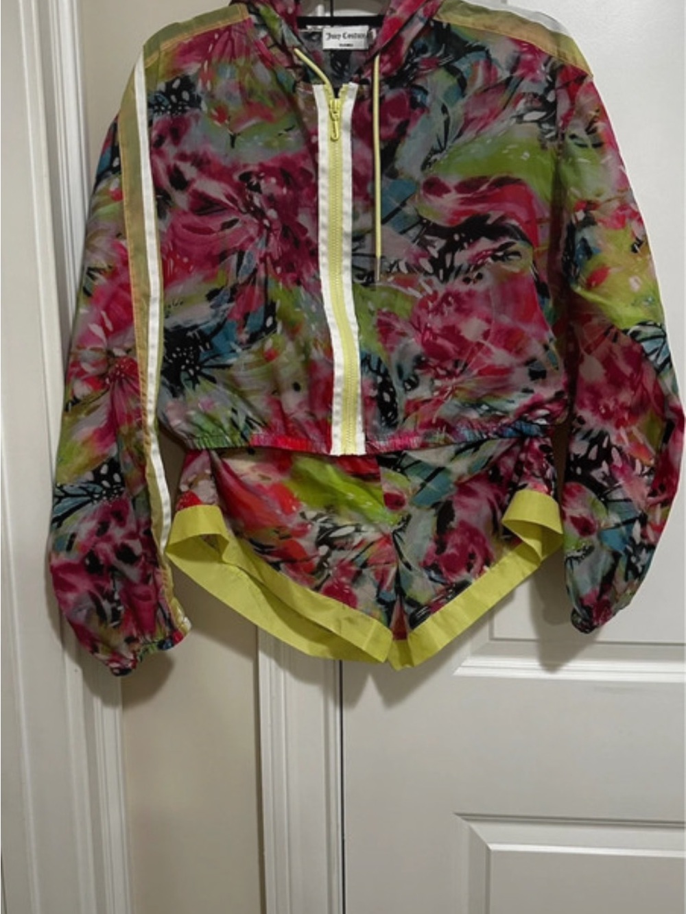 Juicy Couture Floral Athletic Shorts and Hooded Crop Jacket Set in Pink and Lime